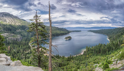 Scenic view of lake against cloudy sky