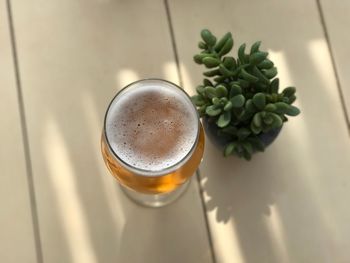 High angle view of glass of beer