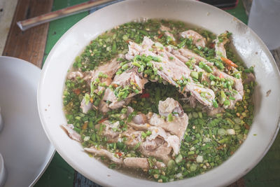 High angle view of soup in bowl