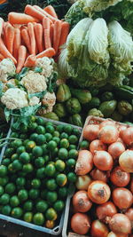High angle view of vegetables for sale at market stall