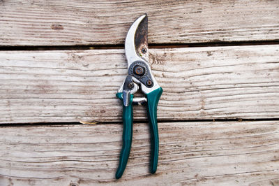 Directly above shot of work tool on wooden table