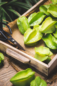 High angle view of fruits on cutting board
