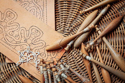 High angle view of carving on wood