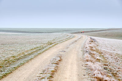 Scenic view of road by sea against clear sky