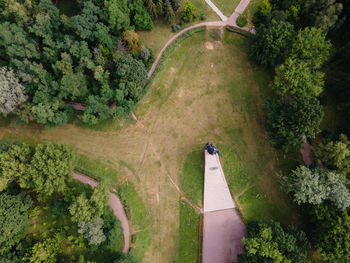 High angle view of road amidst trees