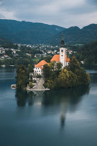 High angle view of buildings against sky