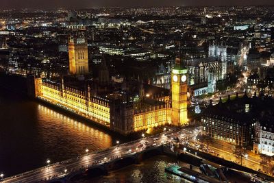 High angle view of illuminated big ben and houses of parliament