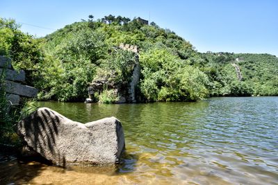 Scenic view of lake against clear sky