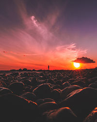 Pebbles at beach against sky during sunset