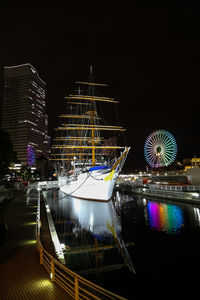 Illuminated ferris wheel at night