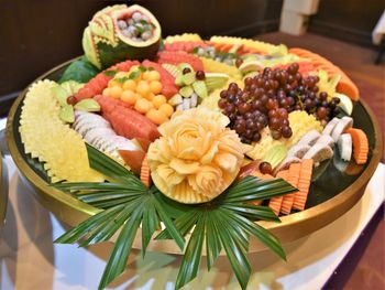 High angle view of cake in plate on table