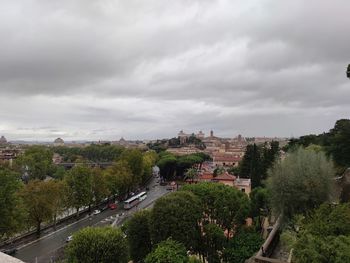 High angle view of trees and buildings in city