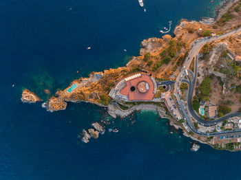 Panoramic aerial view of isola bella island and beach in taormina.