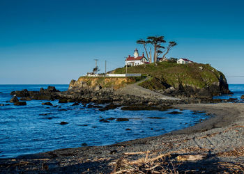 Scenic view of sea against clear blue sky