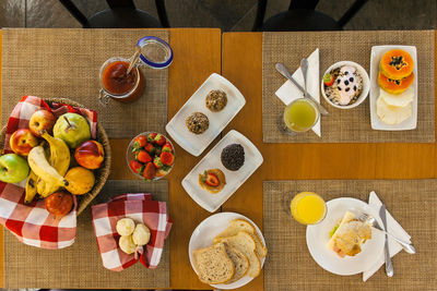 High angle view of breakfast on table