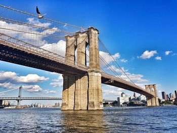 Low angle view of bridge over river against cloudy sky