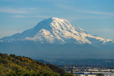 Scenic view of snowcapped mount rainier in washington state.