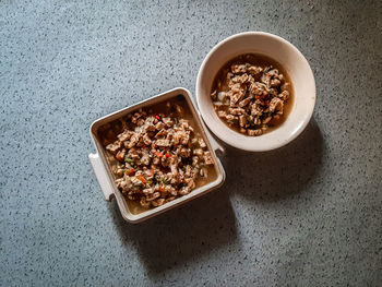 High angle view of food in bowl on table