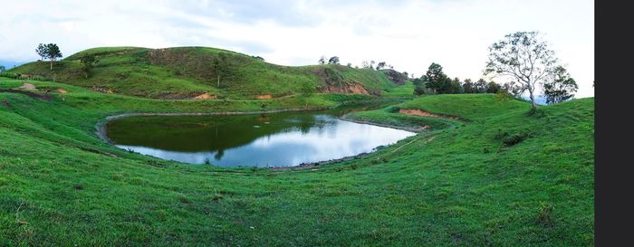 Scenic view of landscape and lake against sky