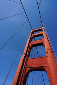 Low angle view of suspension bridge against blue sky