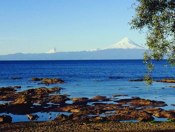 Scenic view of sea against clear blue sky