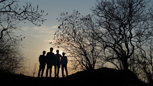 Rear view of silhouette friends standing on bare tree against sky