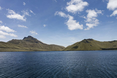 Scenic view of lake by mountains against sky