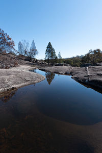 Scenic view of lake against clear blue sky