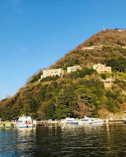 Scenic view of lake by building against clear blue sky