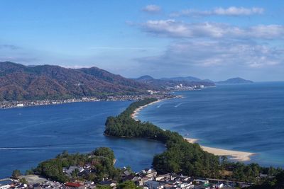 High angle view of bay against sky