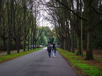 Rear view of people riding bicycle on road