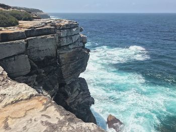 Scenic view of rocks in sea against sky