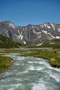 Scenic view of snowcapped mountains against clear sky