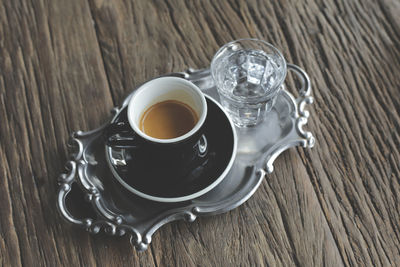 High angle view of tea cup on table