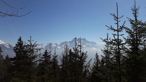 Scenic view of snowcapped mountains against clear sky