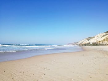 Scenic view of beach against clear blue sky