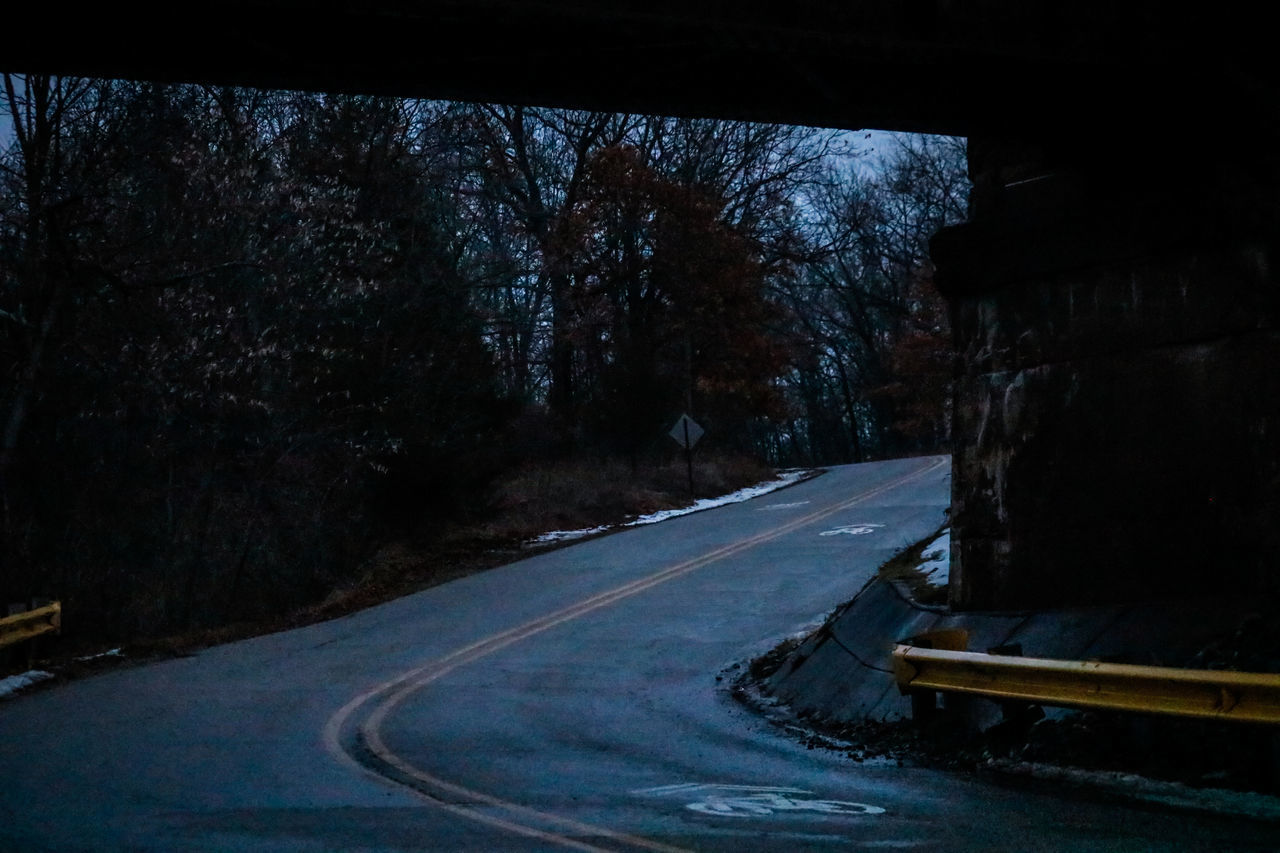 EMPTY ROAD ALONG TREES AND CITY