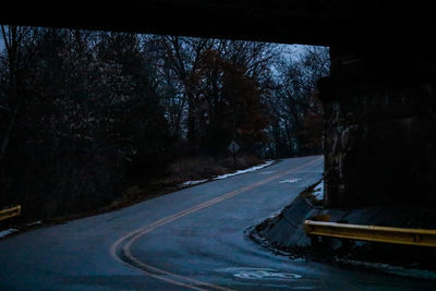 Empty road by trees in city