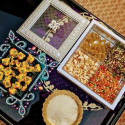 High angle view of dessert on table