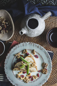 High angle view of breakfast served on table