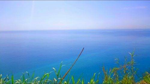 Scenic view of sea against clear blue sky