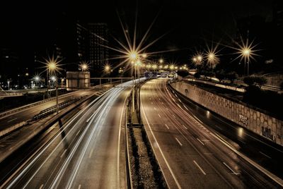 Light trails on road at night