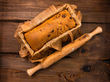 High angle view of bread on cutting board