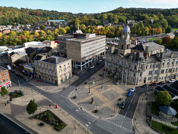 Aerial photograph of the market town of dewsbury, west yorkshire, showing the town hall. 
