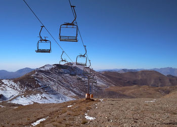 Overhead cable car over snowcapped mountains against clear blue sky