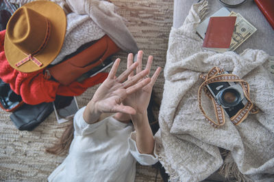 High angle view of woman wearing hat