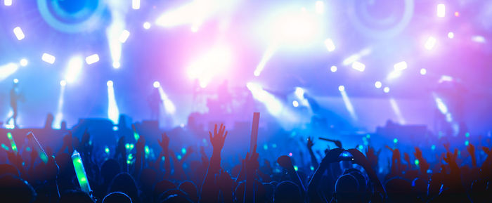 Crowd with arms raised enjoying at music concert