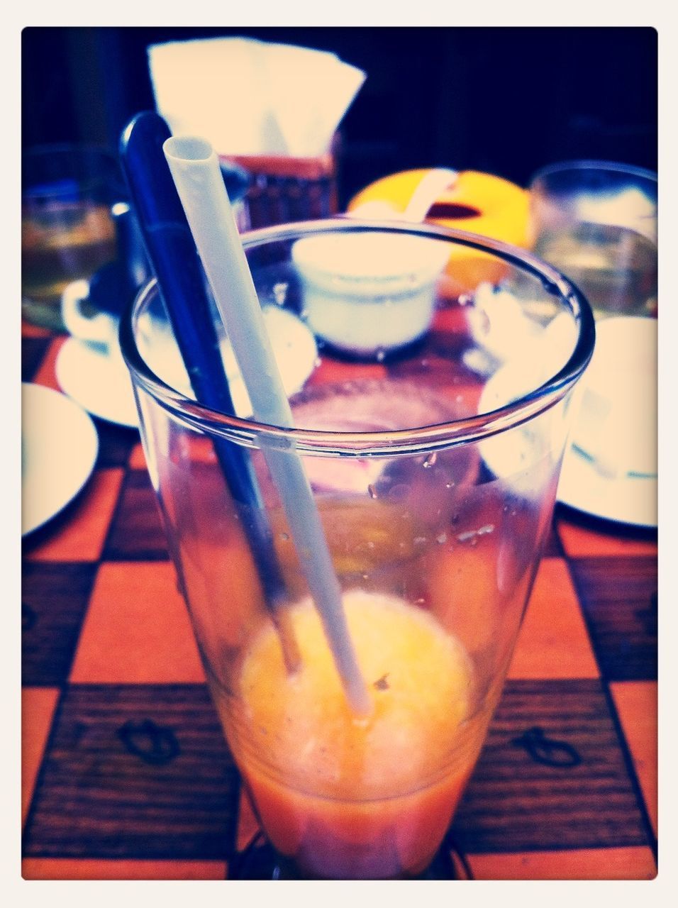 transfer print, food and drink, drink, table, auto post production filter, refreshment, indoors, drinking glass, freshness, still life, close-up, glass - material, glass, focus on foreground, spoon, drinking straw, healthy eating, restaurant, alcohol, serving size