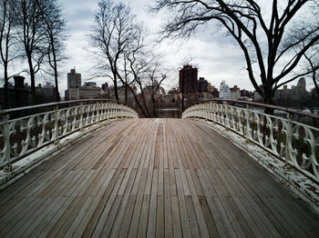 Bare trees in city against sky