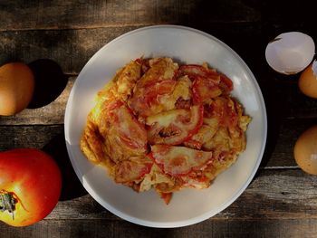 High angle view of food in plate on table